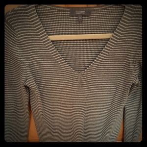 Grey, striped v-neck sweater